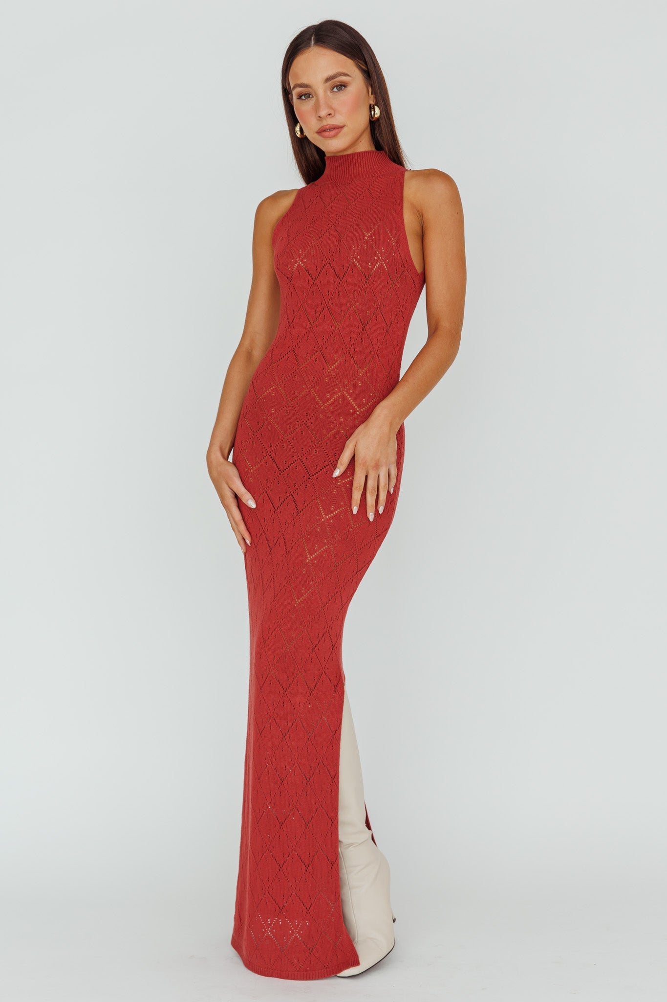 Elisa Sleeveless Crochet Maxi Dress Berry