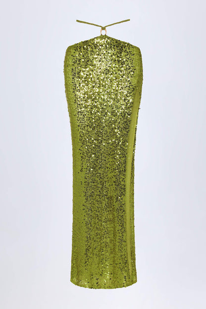 Embellished Hardware-Detail Strappy Maxi Skirt in Olive Green